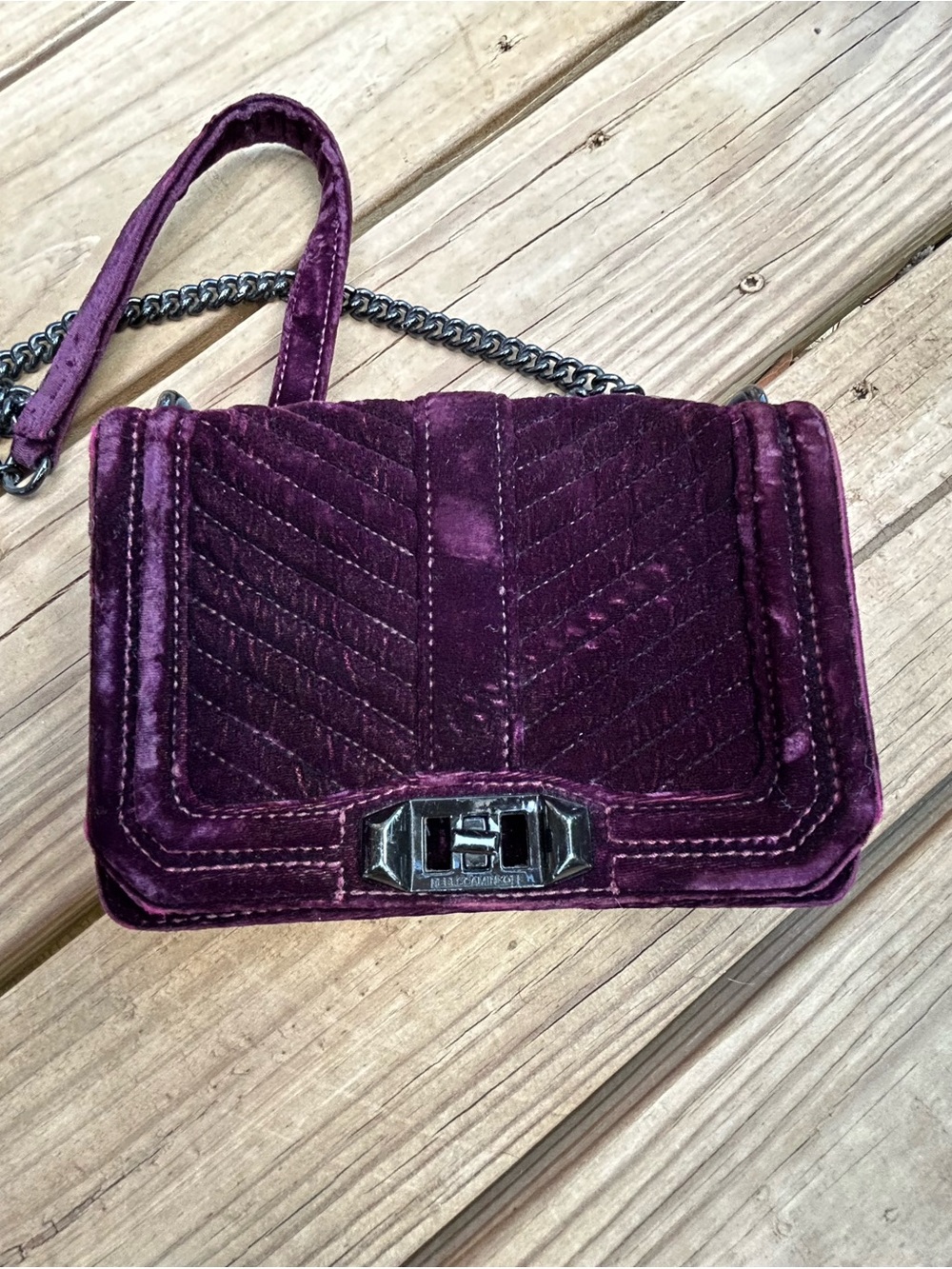Rebecca Minkoff Quilted Velvet Crossbody with turn lock & chain strap -Deep Plum